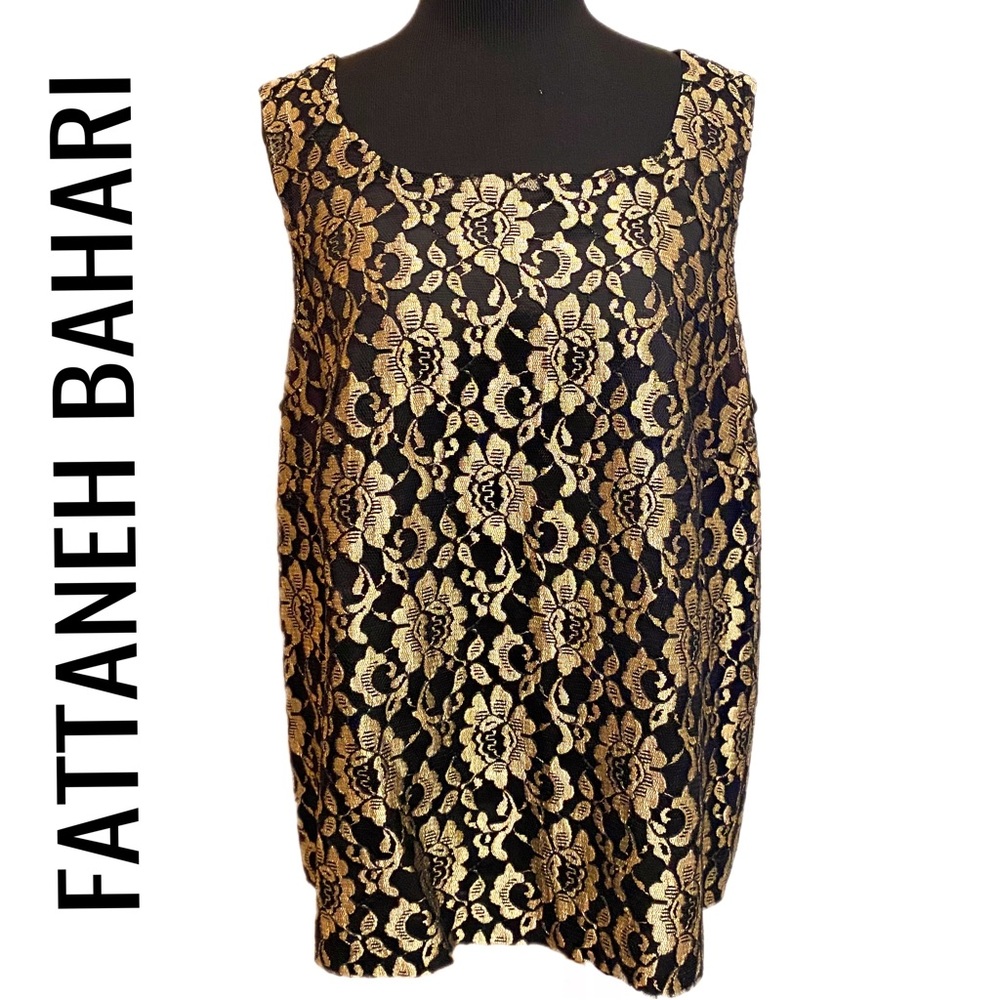 Fattaneh Bahari Vintage Black Gold Floral Lace Sleeveless Top Women’s Size 20W